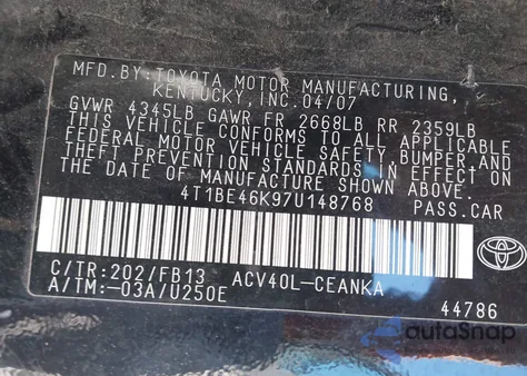 2007 Toyota Camry Le from USA, damaged, VIN 4T1BE46K97U148768